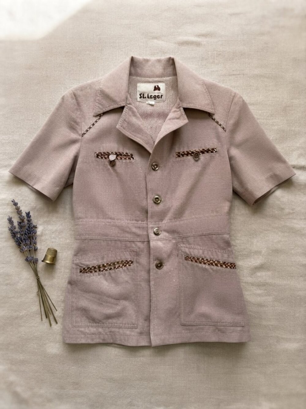 Vintage St. Leger Retro Short Sleeve Button-Down Jacket Top Small Taupe Brown Gi